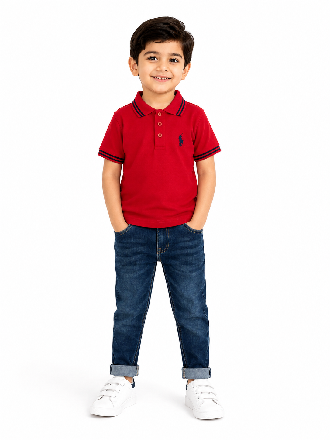 A young boy modeling a red short-sleeve polo shirt with navy blue trim and a small embroidered pony logo, paired with dark blue jeans and white sneakers, against a plain white background.