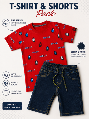 A children's T-shirt and shorts pack shown on a light textured background with marketing callouts. The set includes a bright red short-sleeve T-shirt with an allover small character print and dark blue denim shorts with a yellow-and-black drawstring.