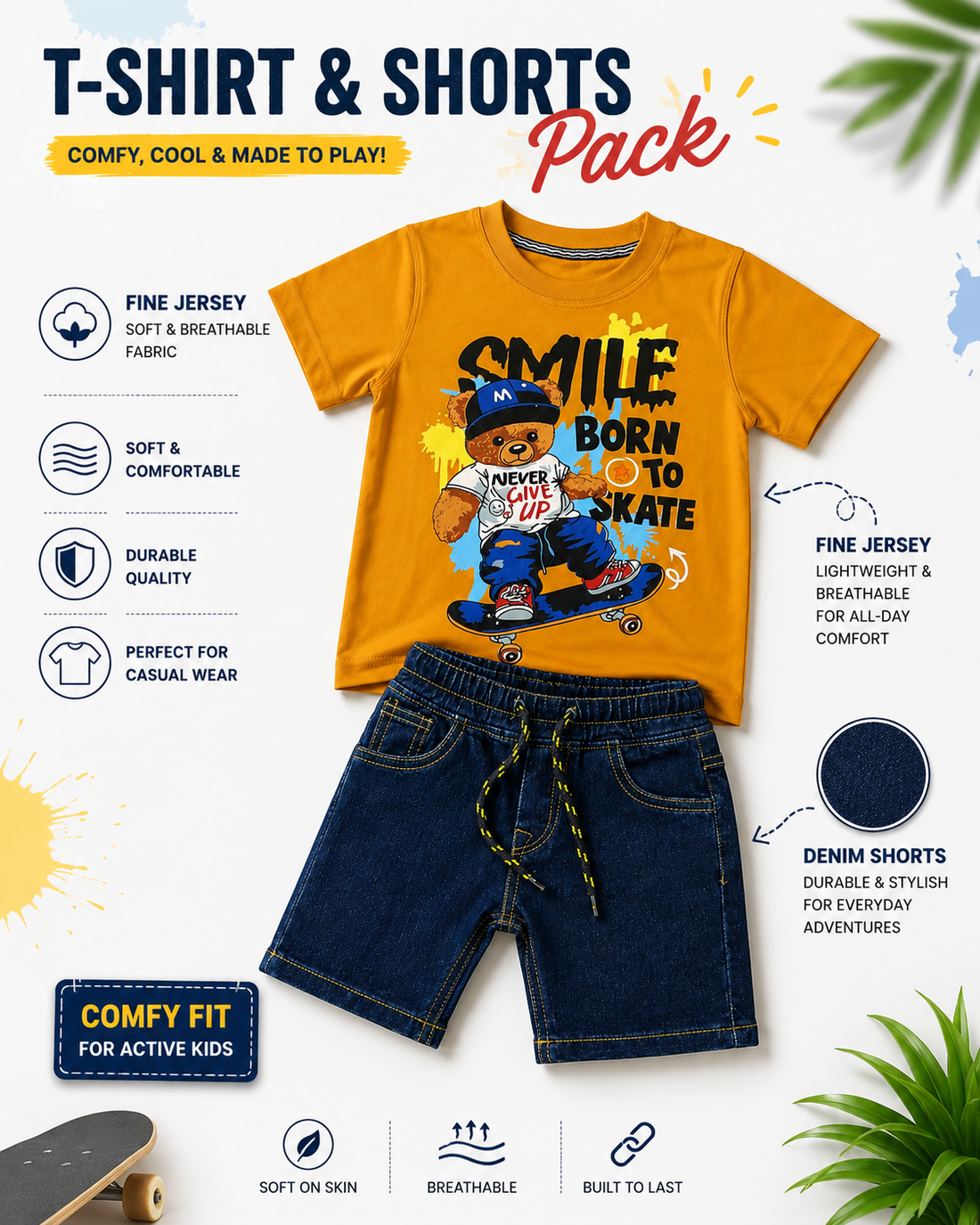 A children's T-shirt and shorts pack displayed on a white background with marketing text and feature icons. The set includes a bright yellow graphic T-shirt with a cartoon character and the words 'SMILE BORN TO SKATE,' paired with dark blue denim shorts.