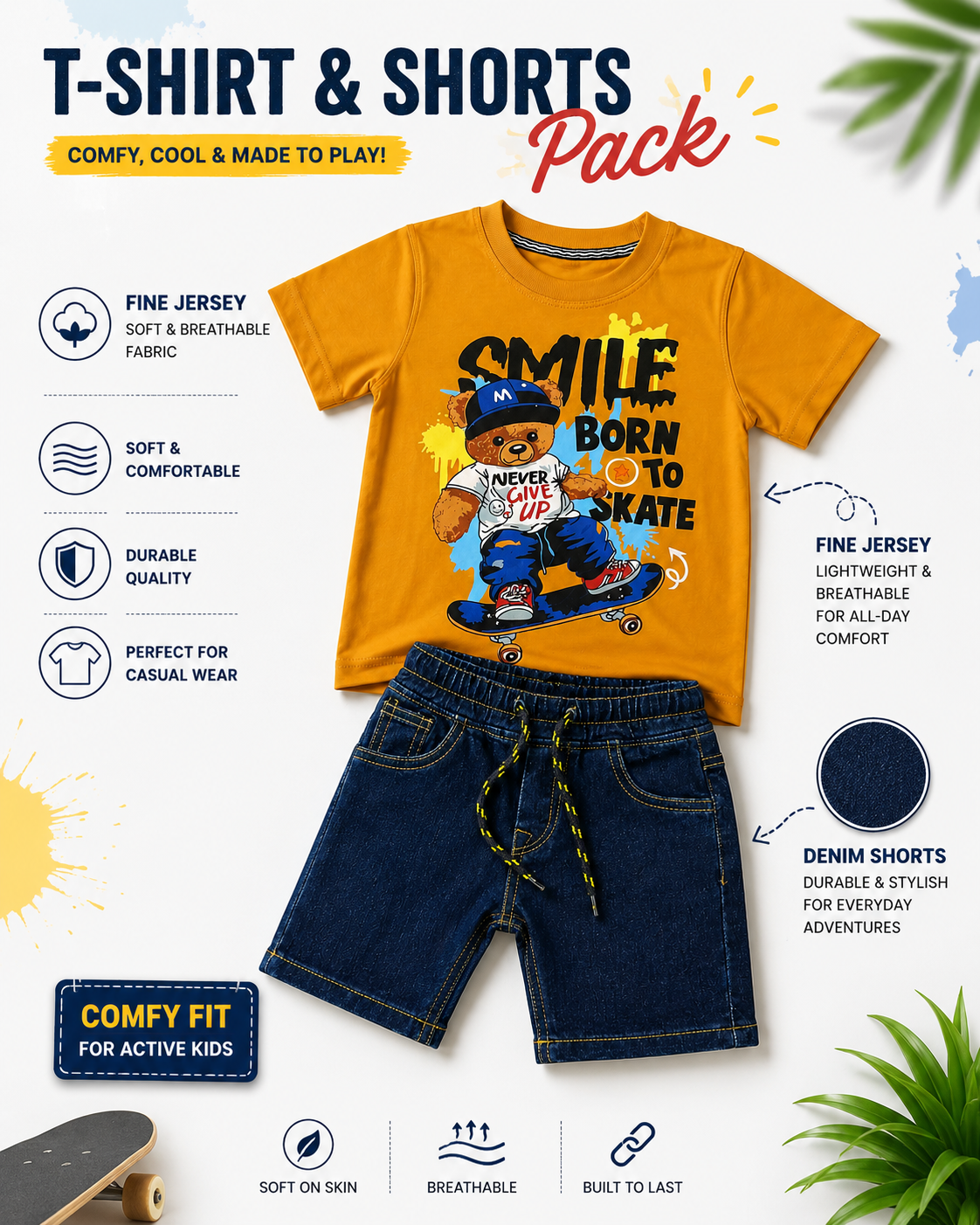 A children's T-shirt and shorts pack displayed on a white background with marketing text and feature icons. The set includes a bright yellow graphic T-shirt with a cartoon character and the words 'SMILE BORN TO SKATE,' paired with dark blue denim shorts.