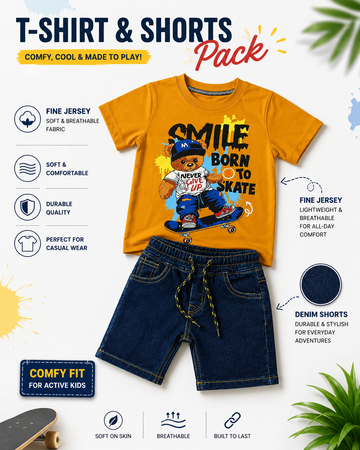 A children's T-shirt and shorts pack displayed on a white background with marketing text and feature icons. The set includes a bright yellow graphic T-shirt with a cartoon character and the words 'SMILE BORN TO SKATE,' paired with dark blue denim shorts.