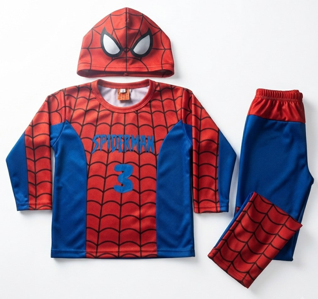 A children's Spider-Man themed three-piece pajama set laid flat on a white background, including a hooded top with a Spider-Man face graphic, a long-sleeve shirt with 'SPIDER-MAN' and the number 3, and matching pants.