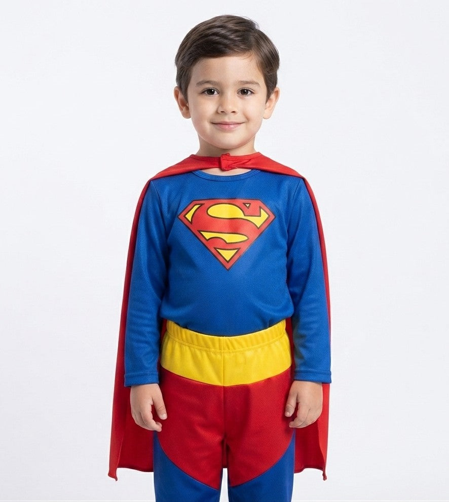 A young boy modeling a Superman costume against a plain white studio background. The costume includes a blue long-sleeve top with a red and yellow Superman chest emblem, a red cape, a yellow waist belt, and red-and-blue pants.