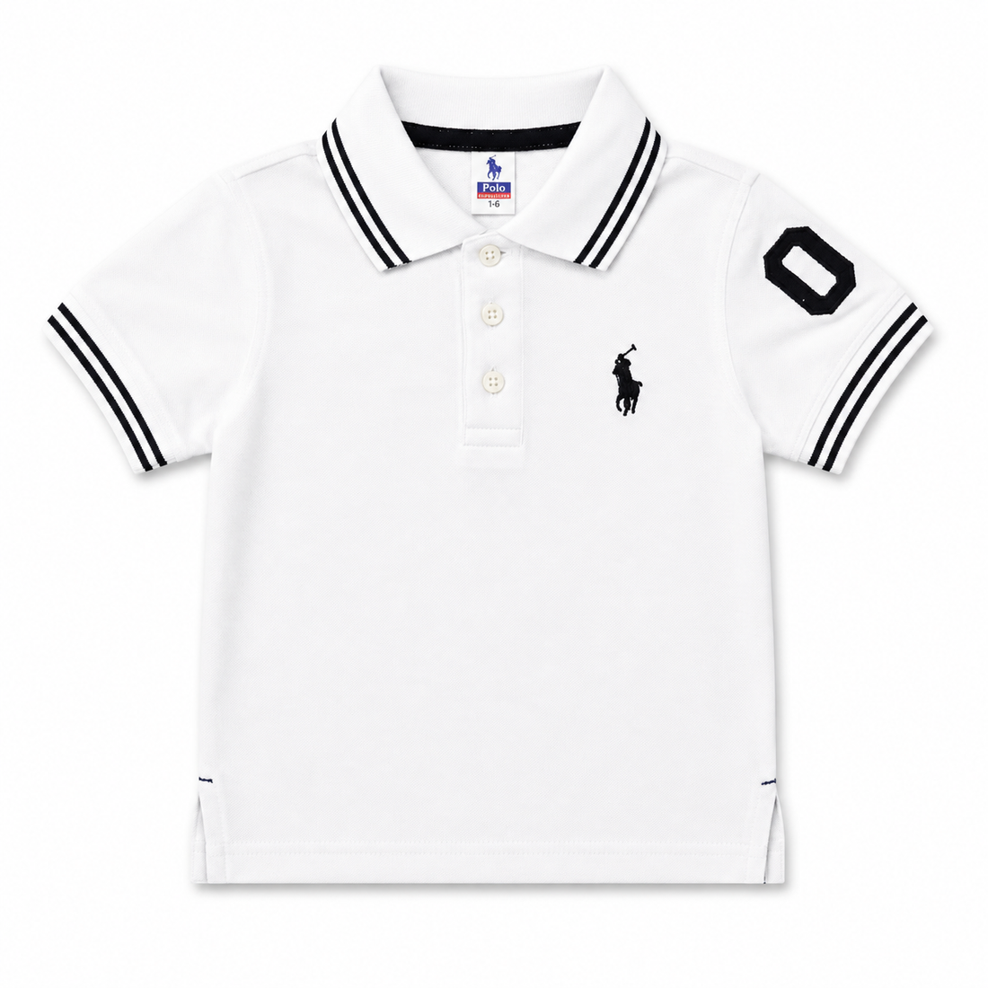 A white short-sleeve polo shirt for kids, featuring black double-stripe trim on the collar and sleeve cuffs, a three-button placket, the black embroidered Polo Ralph Lauren pony logo on the left chest, and a black number '0' patch on the right sleeve.