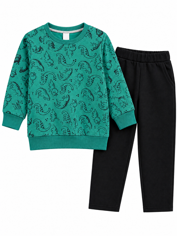 A two-piece kids' outfit set featuring a green long-sleeve sweatshirt with a black paisley pattern and solid green ribbed cuffs and hem, paired with black pants.