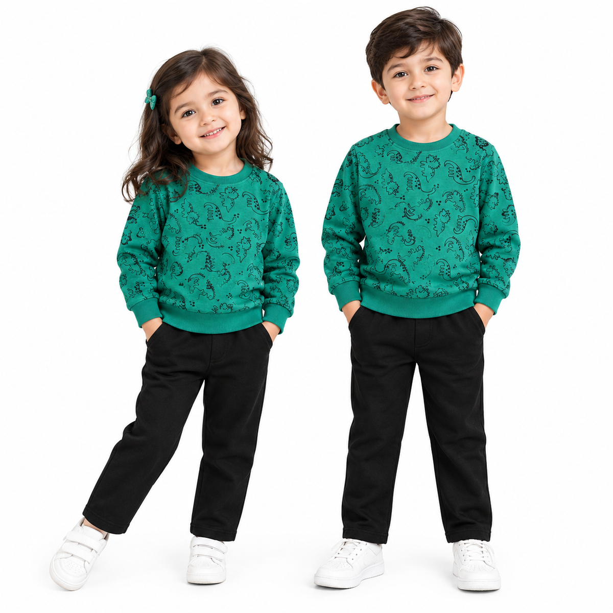 Two children modeling matching green paisley sweatshirts and black pants against a plain white background.