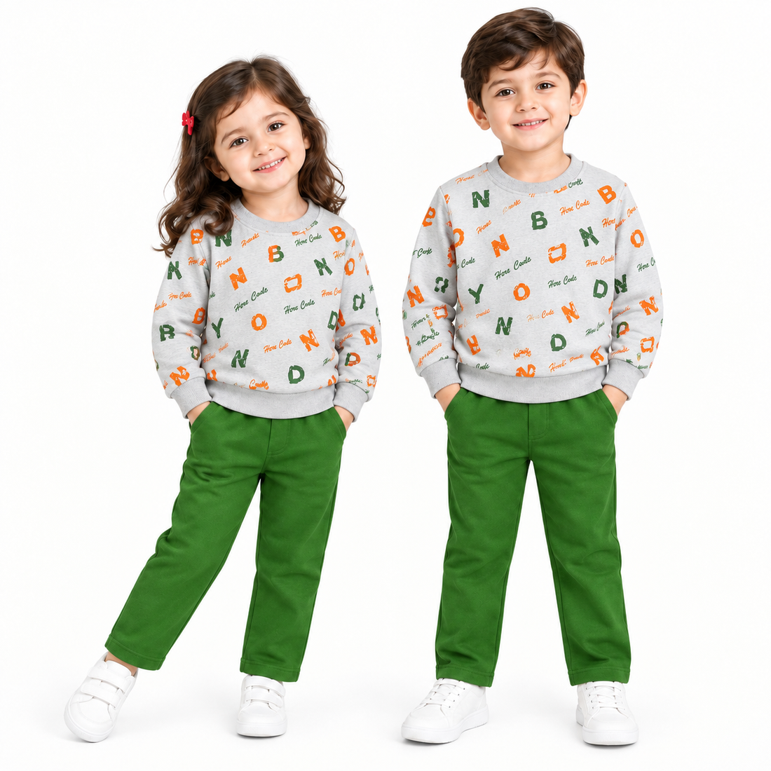A two-piece kids' outfit set featuring a light gray long-sleeve sweatshirt with an orange and green alphabet pattern, paired with solid green jogger pants, displayed on a clean white background.