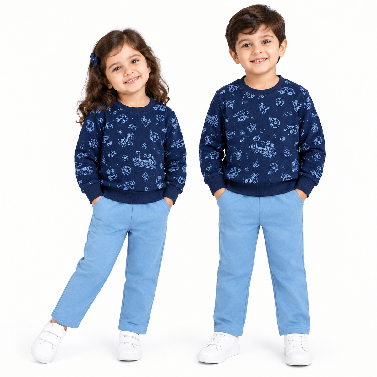 A young girl and boy modeling matching navy blue crewneck sweatshirts with a white train pattern, paired with light blue pants and white sneakers, against a plain white background.