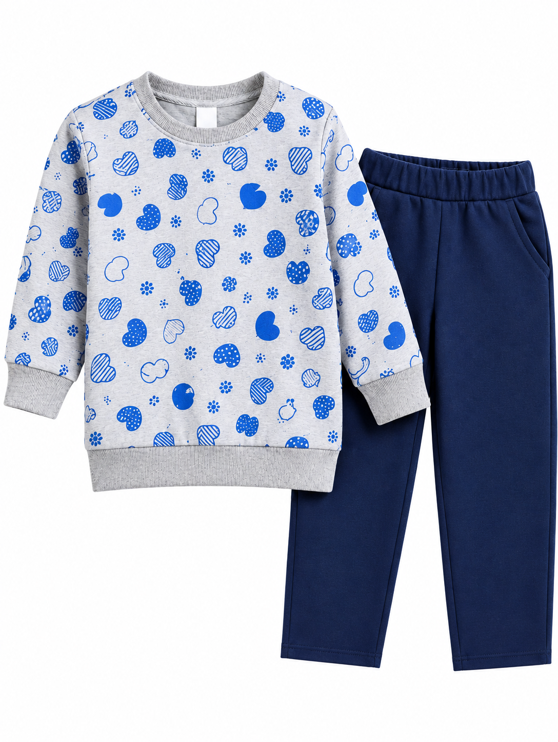 A children's two-piece sweatshirt and pants set on a white background. The sweatshirt is light gray with a blue pattern of hearts, clouds, and snowflakes, and has gray ribbed cuffs and hem.