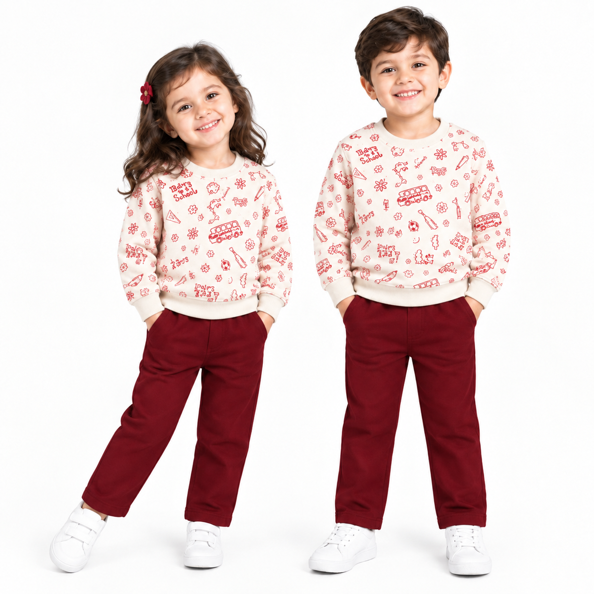 A toddler girl and a young boy standing side by side, wearing matching cream knit sweaters with a red holiday-themed pattern (snowflakes, sleighs, candy canes) and burgundy pants, against a solid white background.