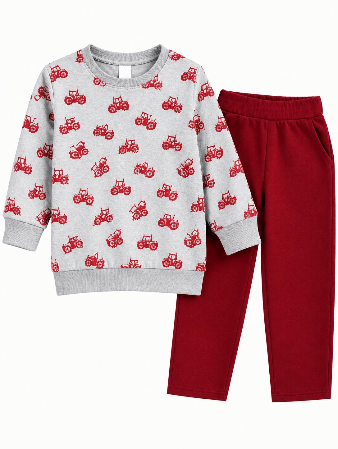 A two-piece children's sweatshirt and jogger set on a white background. The sweatshirt is light gray with a repeating pattern of small red tractors, and the jogger pants are a solid deep red.