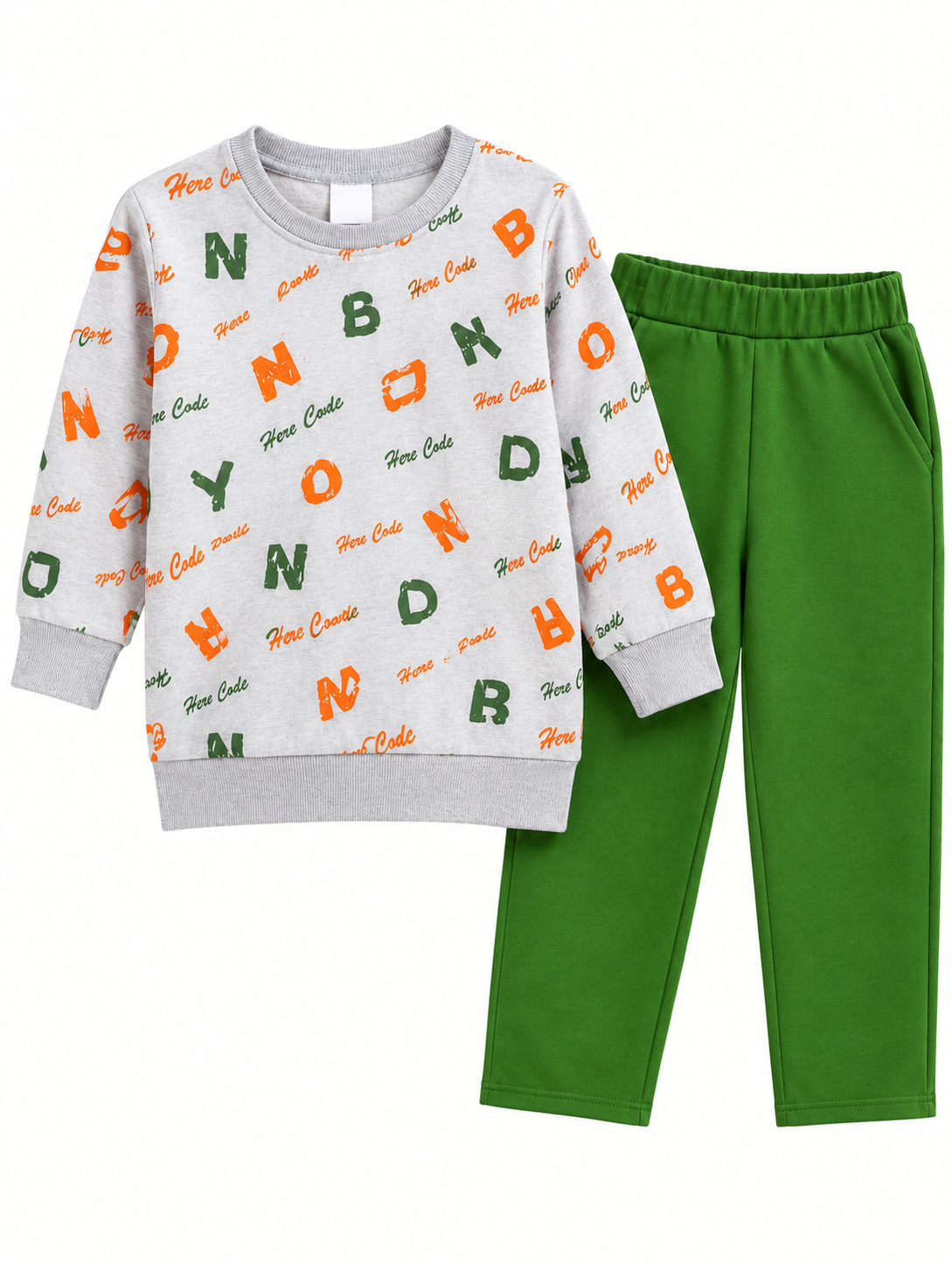 A two-piece kids' outfit set featuring a light gray long-sleeve sweatshirt with an orange and green alphabet pattern, paired with solid green jogger pants, displayed on a clean white background.
