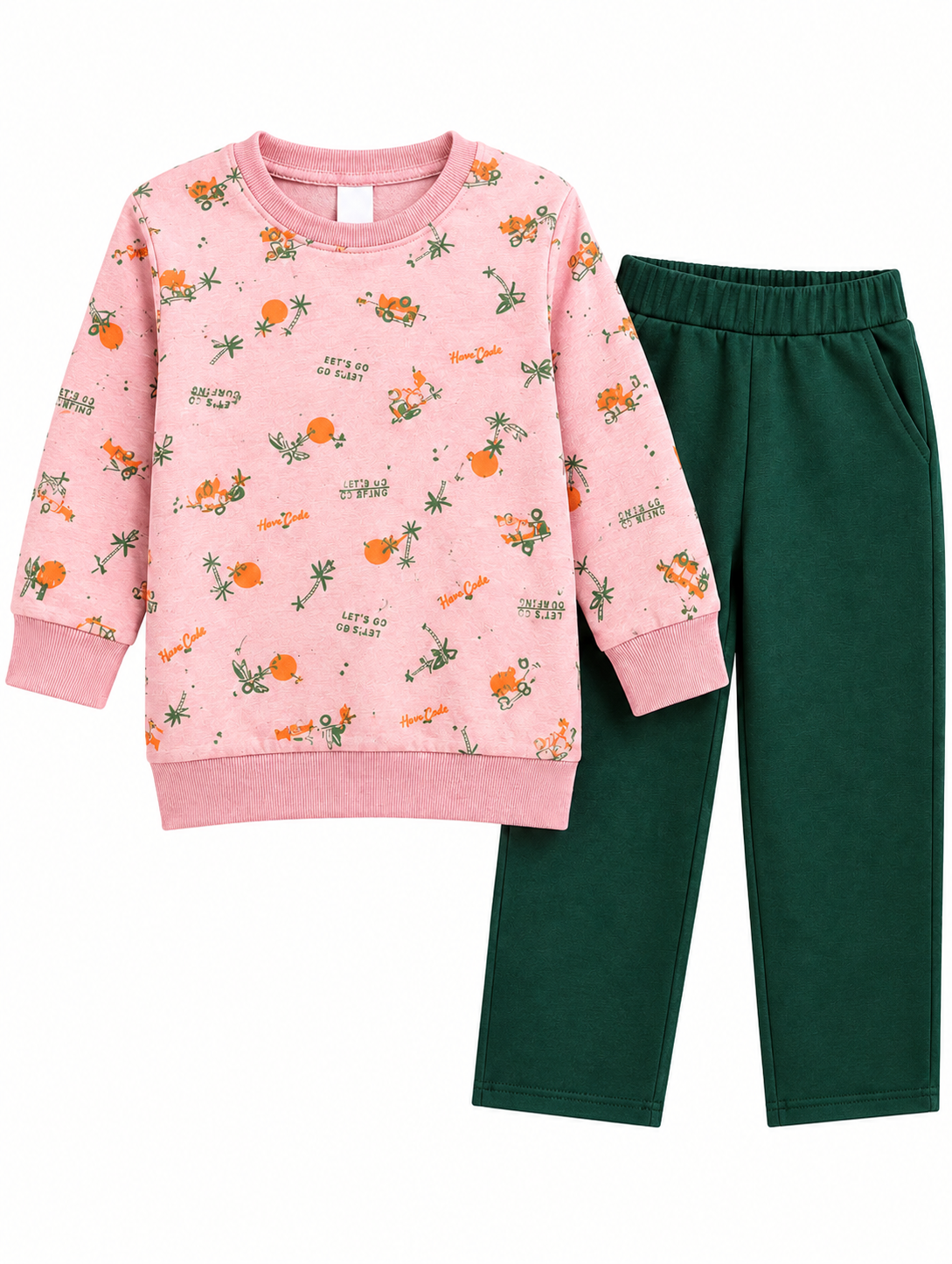 A two-piece children's pajama set featuring a long-sleeve sweatshirt in light pink with an orange and green safari animal print, paired with dark green pants, shown on a plain white background.
