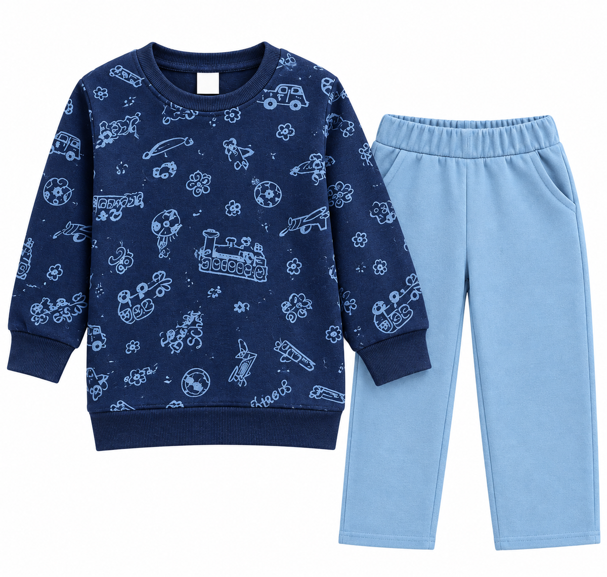 A two-piece children's sweatshirt and pants set on a plain white background. The long-sleeve top is navy blue with a light blue pattern of toy vehicles and drawings, while the pants are light blue.