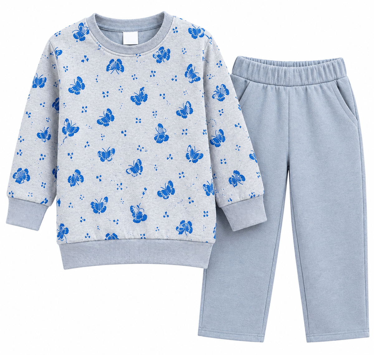 A children's two-piece sweatpants set featuring a light heather gray sweatshirt with a blue butterfly pattern and matching light gray sweatpants, displayed on a solid white background.