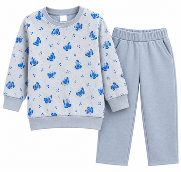 A children's two-piece sweatpants set featuring a light heather gray sweatshirt with a blue butterfly pattern and matching light gray sweatpants, displayed on a solid white background.