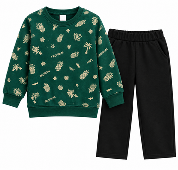 A two-piece kids' outfit set featuring a dark green long-sleeve sweatshirt with a gold tropical pineapple and palm tree print, paired with solid black pants, shown on a plain white background.