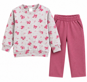 A children's two-piece sweatshirt and pants set on a white background. The sweatshirt is light heather gray with a pink butterfly print, and the pants are a solid dusty rose pink.