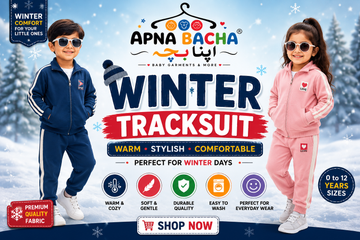 A promotional banner for APNA BACHA Winter Tracksuits, showing a boy in a navy blue set on the left and a girl in a pink set on the right, both wearing sunglasses in a snowy outdoor setting. The image includes text overlays, product features, and a 'SHOP NOW' button.