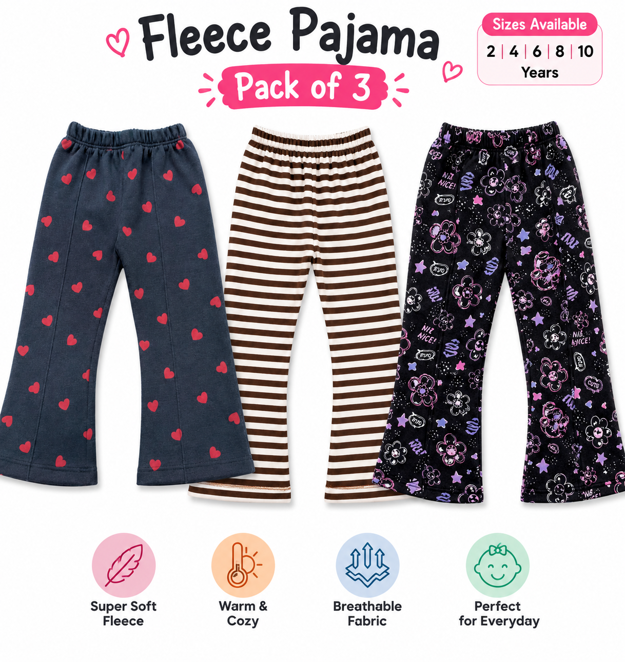 Three pairs of children's fleece pajama pants shown on a white background under the heading 'Fleece Pajama Pack of 3'. The left pair is navy blue with pink hearts, the middle pair is brown and beige striped, and the right pair is black with pink and purple skull-and-crossbones and star patterns.