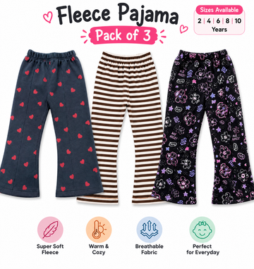 Three pairs of children's fleece pajama pants shown on a white background under the heading 'Fleece Pajama Pack of 3'. The left pair is navy blue with pink hearts, the middle pair is brown and beige striped, and the right pair is black with pink and purple skull-and-crossbones and star patterns.