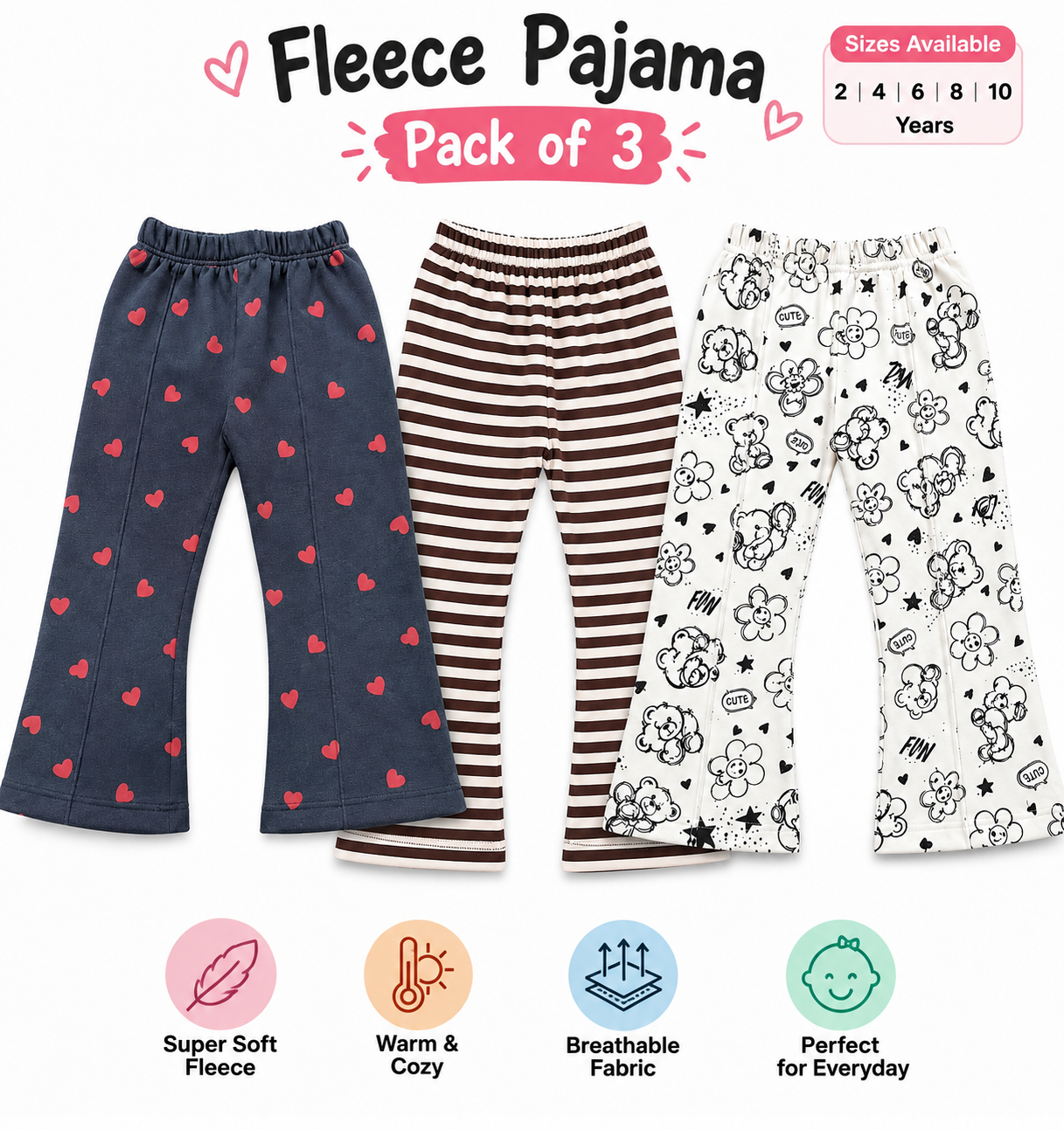 Three children's fleece pajama pants shown together on a white background with promotional text reading 'Fleece Pajama Pack of 3' and feature icons below. The pants are: navy blue with pink hearts, brown and cream stripes, and white with black cartoon flowers and stars.