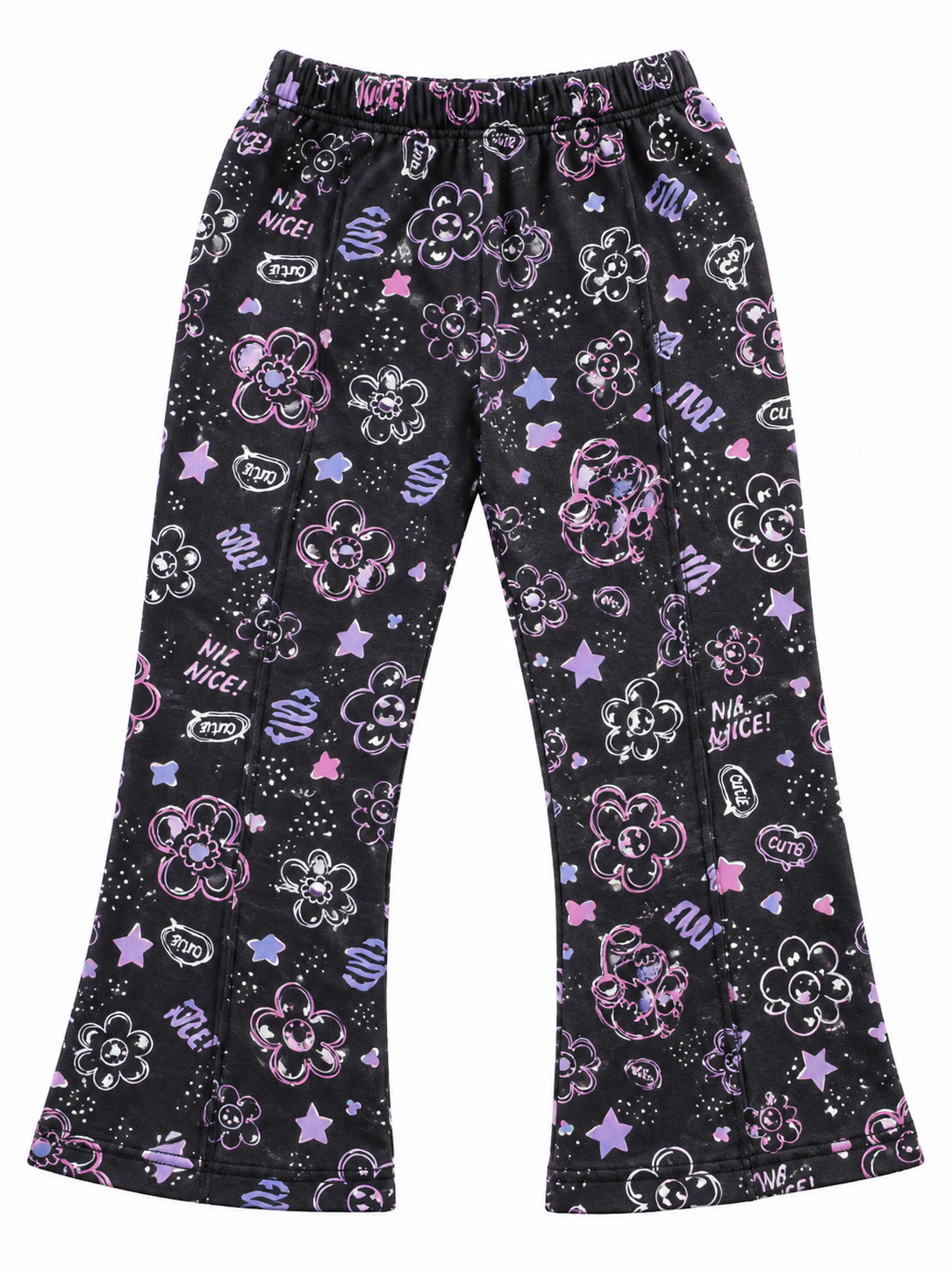 Black flared pants with an all-over playful doodle print in pink, purple, and white, featuring stars, flowers, speech bubbles, and cartoon faces.