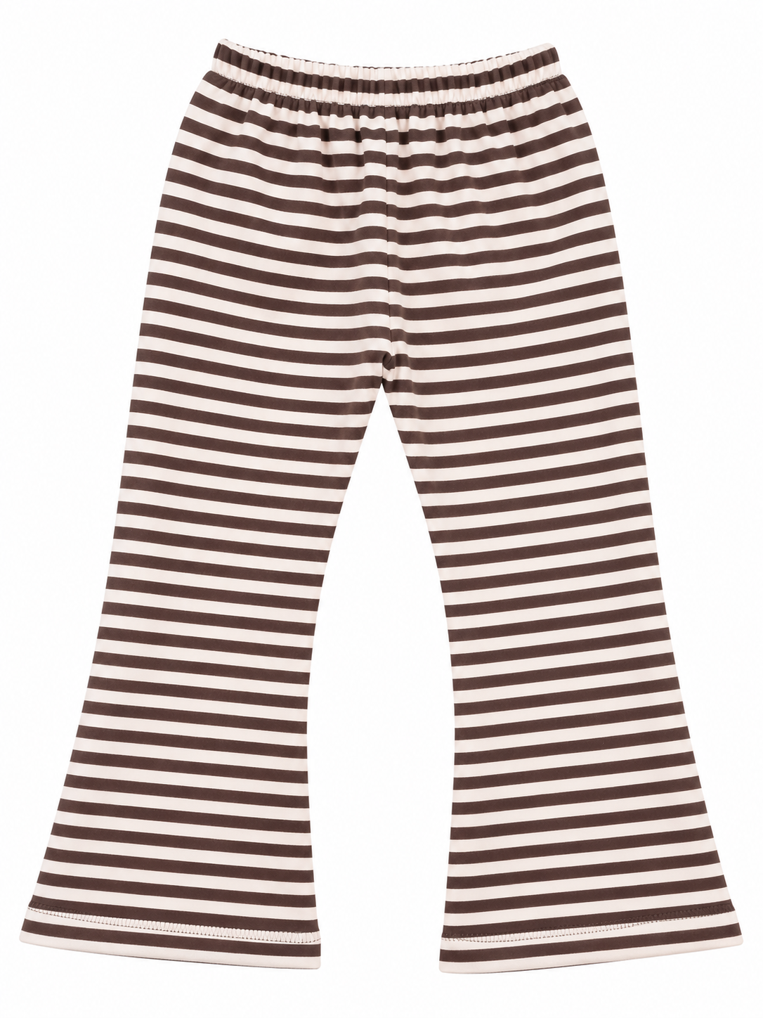 Brown and cream striped cropped pants with a wide elastic waistband and flared legs, shown flat against a white background.