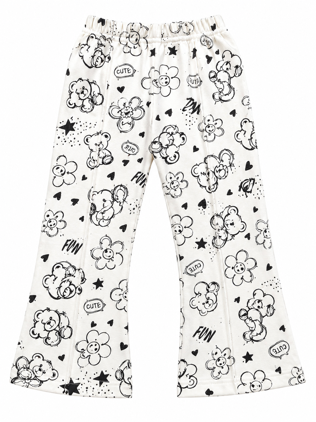 White wide-leg pants with a black cartoon print of teddy bears, flowers, stars, hearts, and text bubbles including 'FUN', 'CUTE', and 'LOVE'.