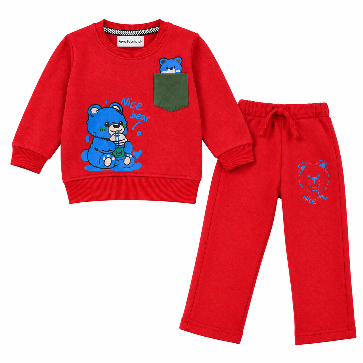 A children's two-piece sweatshirt and pants set in bright red. The long-sleeve top features a green chest pocket with a blue bear graphic peeking out, and a larger blue bear graphic on the front with 'Nice Bear' text.
