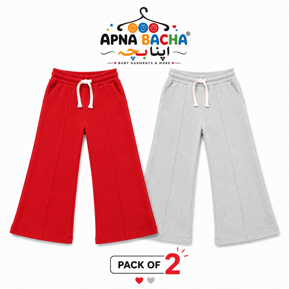 Girls Flapper Pack of 2 ( L-Gry- Red)Apna Bacha (اپنا بچہ)2 Years
