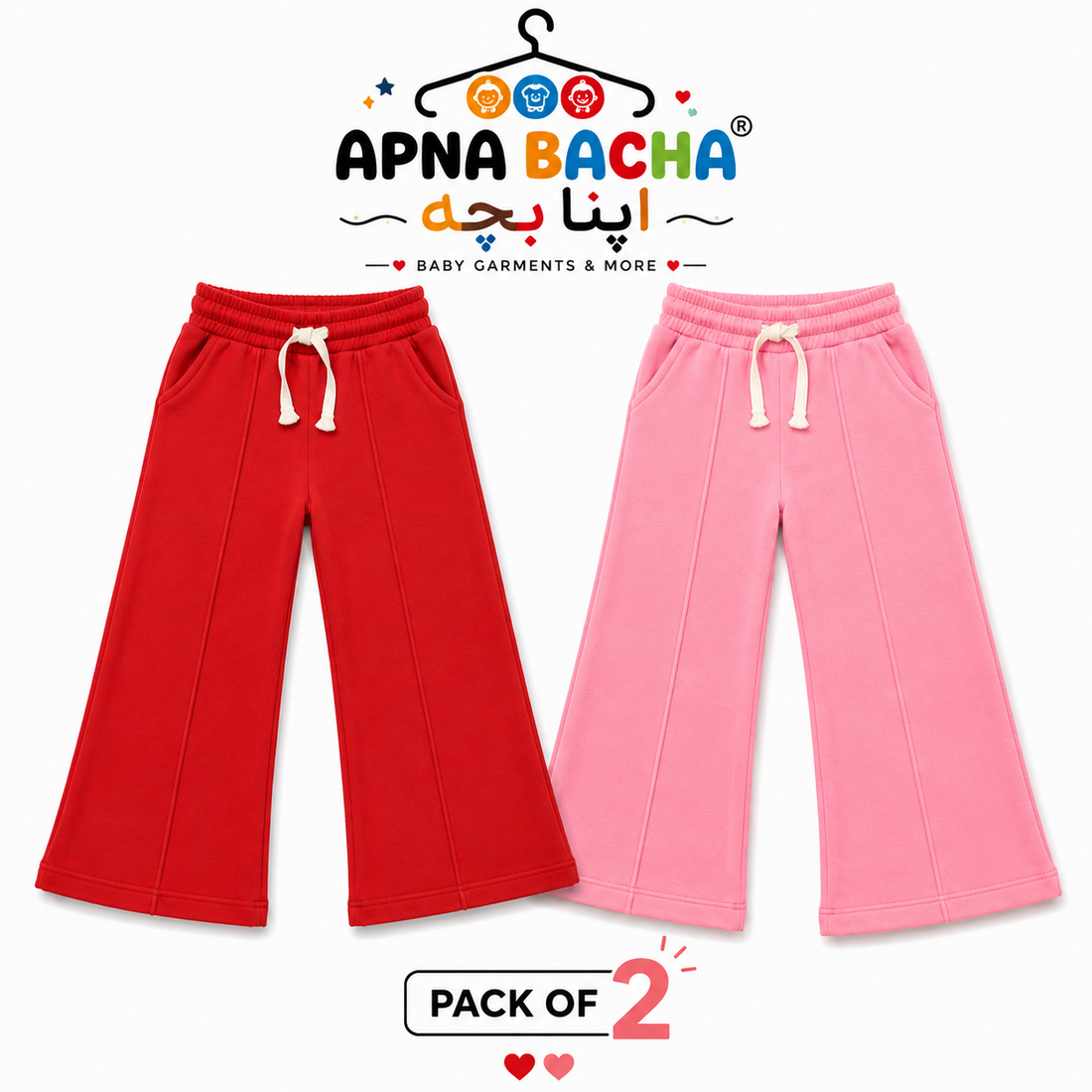 Two pairs of wide-leg baby pants shown on a white background: one red and one pink, both with white drawstrings. The brand name APNA BACHA is displayed at the top, and a 'PACK OF 2' label is at the bottom.