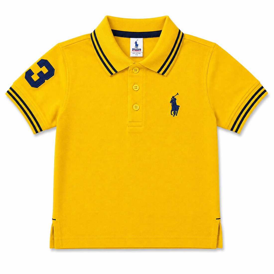 A bright yellow short-sleeve polo shirt for kids by Polo Ralph Lauren, featuring navy blue trim on the collar and sleeve cuffs, a navy blue number 3 on the right sleeve, and the signature polo player logo on the left chest.
