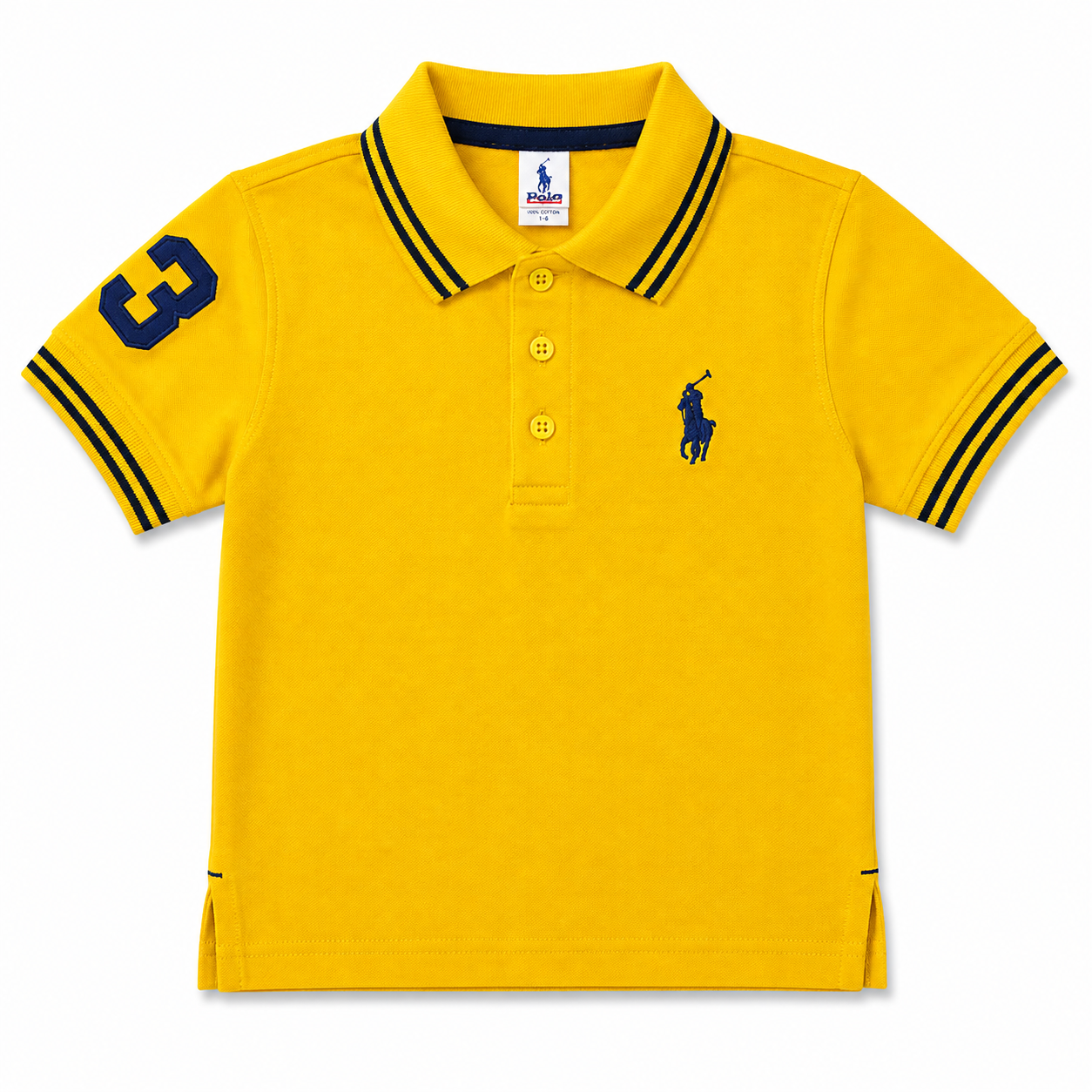 A bright yellow short-sleeve polo shirt for kids by Polo Ralph Lauren, featuring navy blue trim on the collar and sleeve cuffs, a navy blue number 3 on the right sleeve, and the signature polo player logo on the left chest.