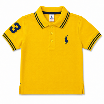 A bright yellow short-sleeve polo shirt for kids by Polo Ralph Lauren, featuring navy blue trim on the collar and sleeve cuffs, a navy blue number 3 on the right sleeve, and the signature polo player logo on the left chest.
