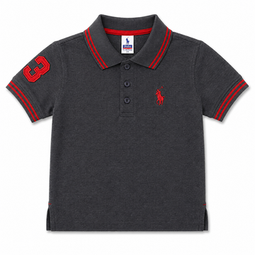 A dark gray heather short-sleeve polo shirt for kids, featuring red double-stripe trim on the collar and sleeve cuffs, a red embroidered number 3 on the right sleeve, and the classic red Polo pony logo on the left chest.