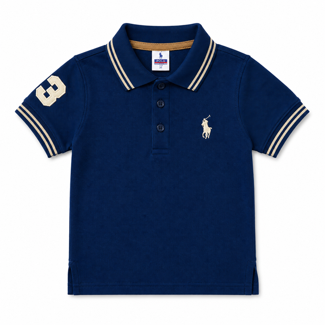 A navy blue short-sleeve polo shirt for kids, featuring cream-colored double-stripe trim on the collar and sleeve cuffs, a cream number 3 on the right sleeve, and the classic embroidered polo pony logo on the left chest. The shirt is displayed flat against a solid white background.