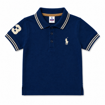 A navy blue short-sleeve polo shirt for kids, featuring cream-colored double-stripe trim on the collar and sleeve cuffs, a cream number 3 on the right sleeve, and the classic embroidered polo pony logo on the left chest. The shirt is displayed flat against a solid white background.