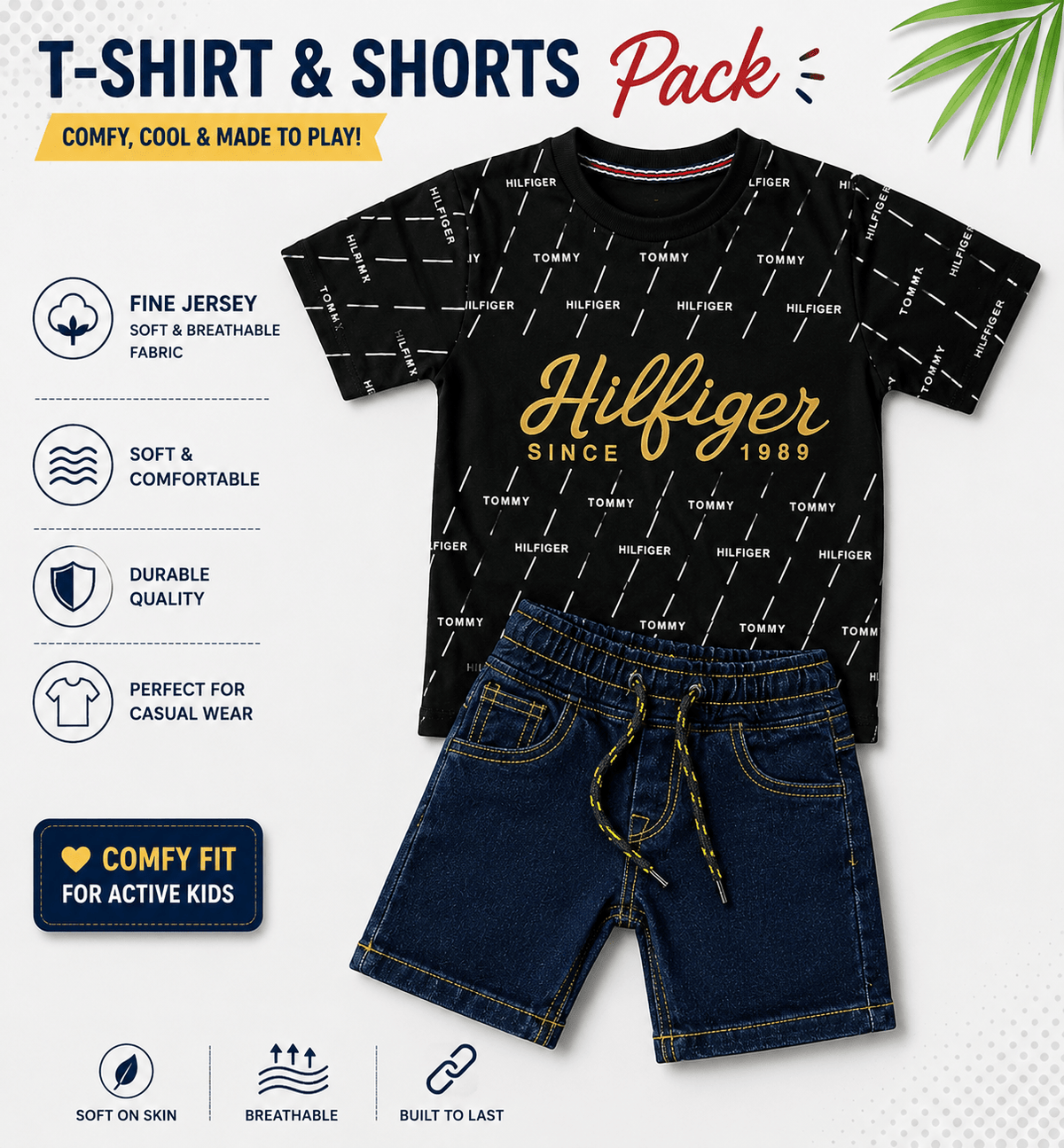 Premium Kids Cotton Black Graphic T-Shirt and Denim Shorts ComboApna Bacha (اپنا بچہ)3-4 years