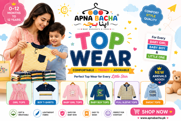A colorful promotional banner for Apna Pacha Baby Kids Wear featuring a mother and child holding a striped shirt, with various baby tops displayed in a row below. The banner includes text such as 'TOP WEAR', 'Comfortable Trendy + Adorable', and 'Shop Now'.