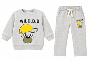 A two-piece baby clothing set featuring a light heather gray sweatshirt and matching sweatpants. The sweatshirt has a cartoon dog face wearing a yellow cap with the text 'WILD.